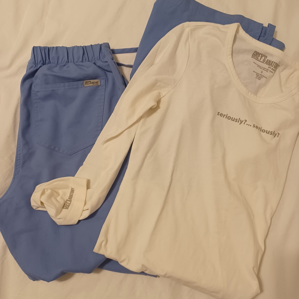 Grey's Anatomy Light Blue Scrub Pants and White Long Sleeve Shirt